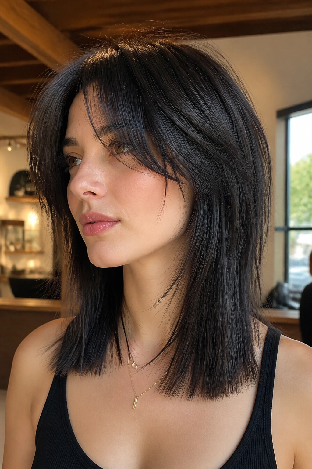 Close-up portrait of a real person with straight-hair wolf cut featuring blunt ends and crown layers