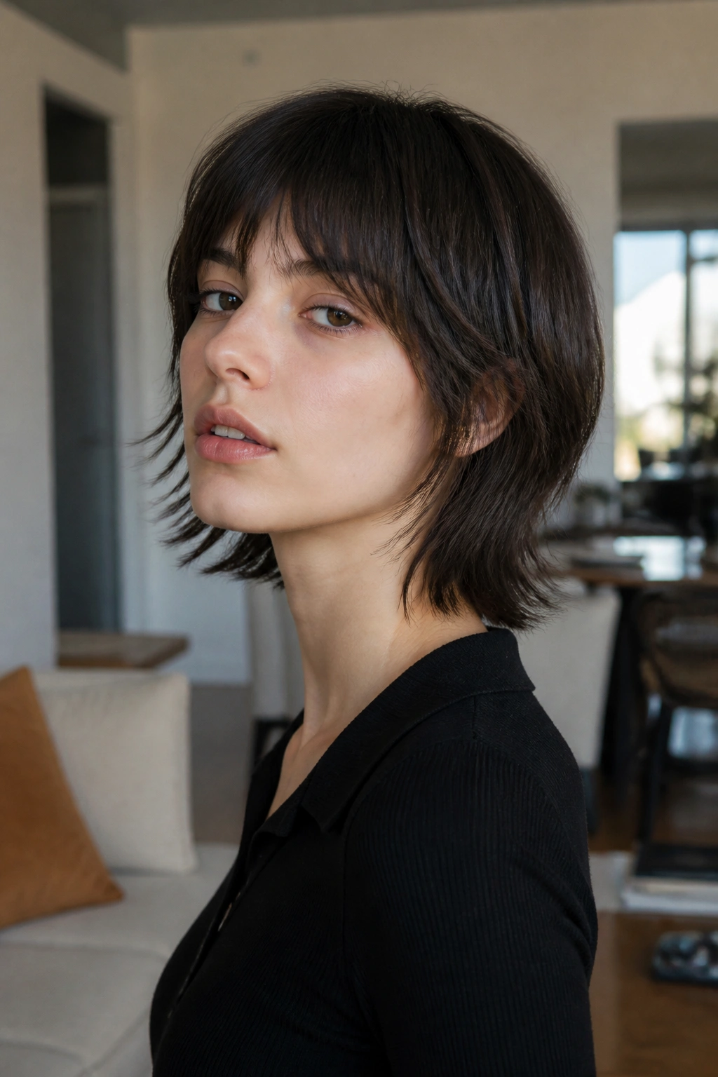 Portrait of a straight-haired person with razor-edged wolf cut bob.