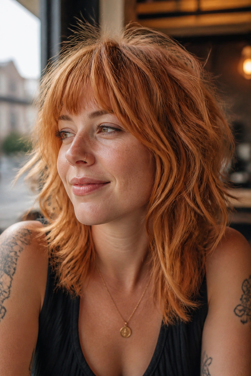 Close-up portrait of a real woman with Strawberry Ginger Shag-Wolf and Soft Fringe in cafe-window light