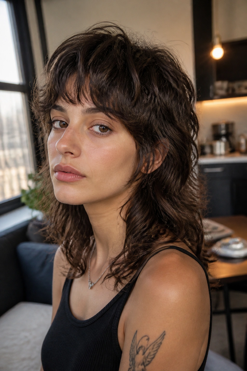 Real person with wolf cut and tapered ends under warm urban lighting