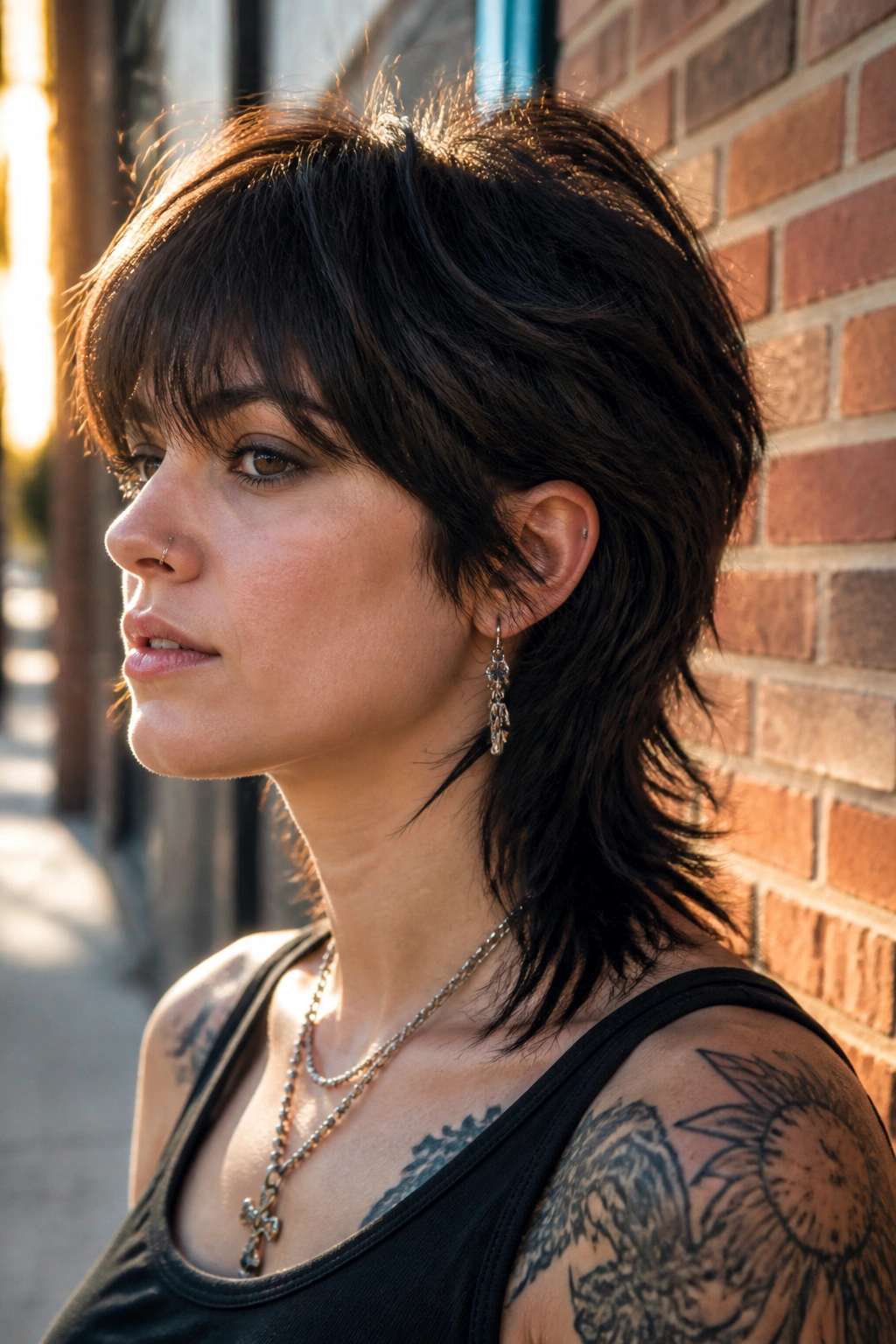 Close-up of a real person with wolf-cut and tapered nape against an urban brick wall