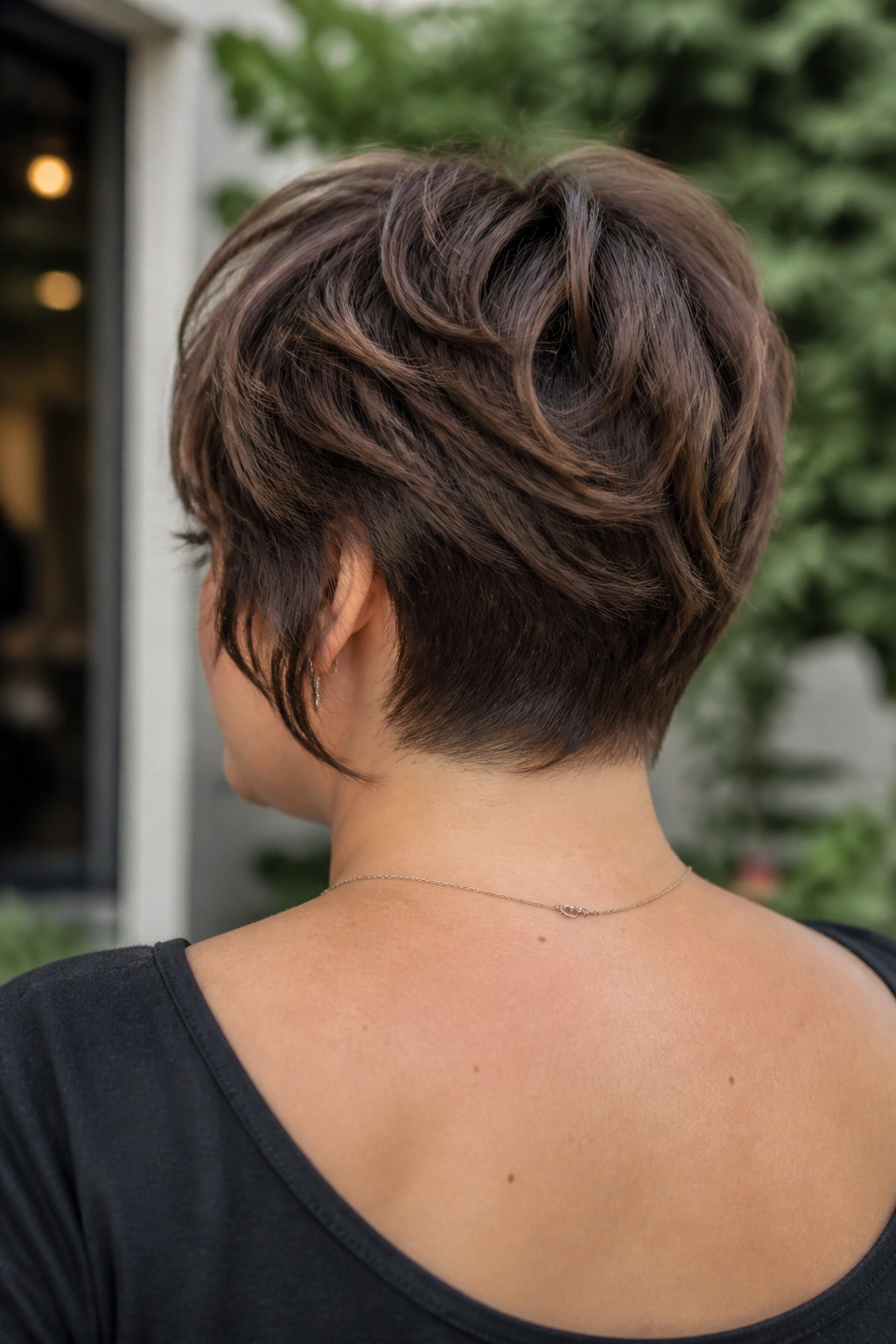 Back-of-head portrait of real woman with tapered nape wolf cut