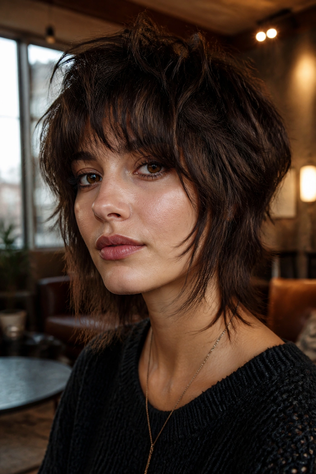 Close-up of a real woman with wolf-cut hairstyle emphasizing natural texture