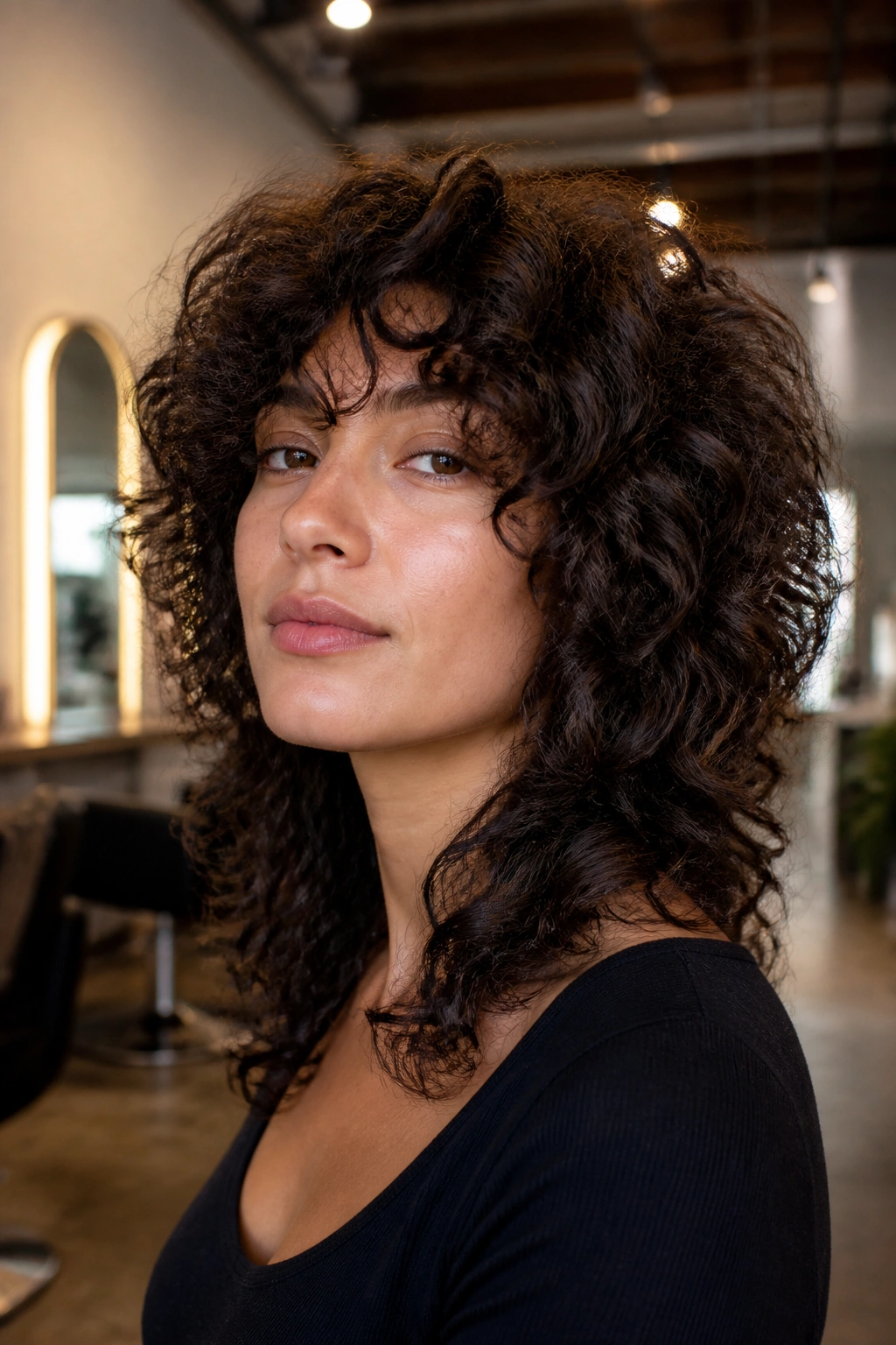 Close-up portrait of a real woman with a wolf cut on thick curls