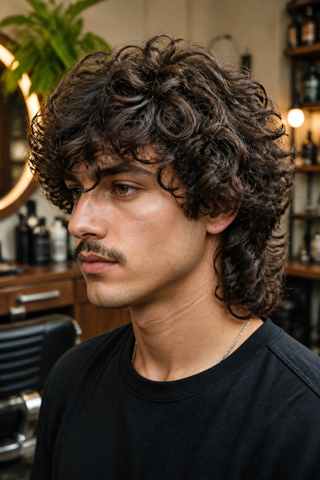 Close-up portrait of a real man with a wolf cut for thick curls in a salon setting