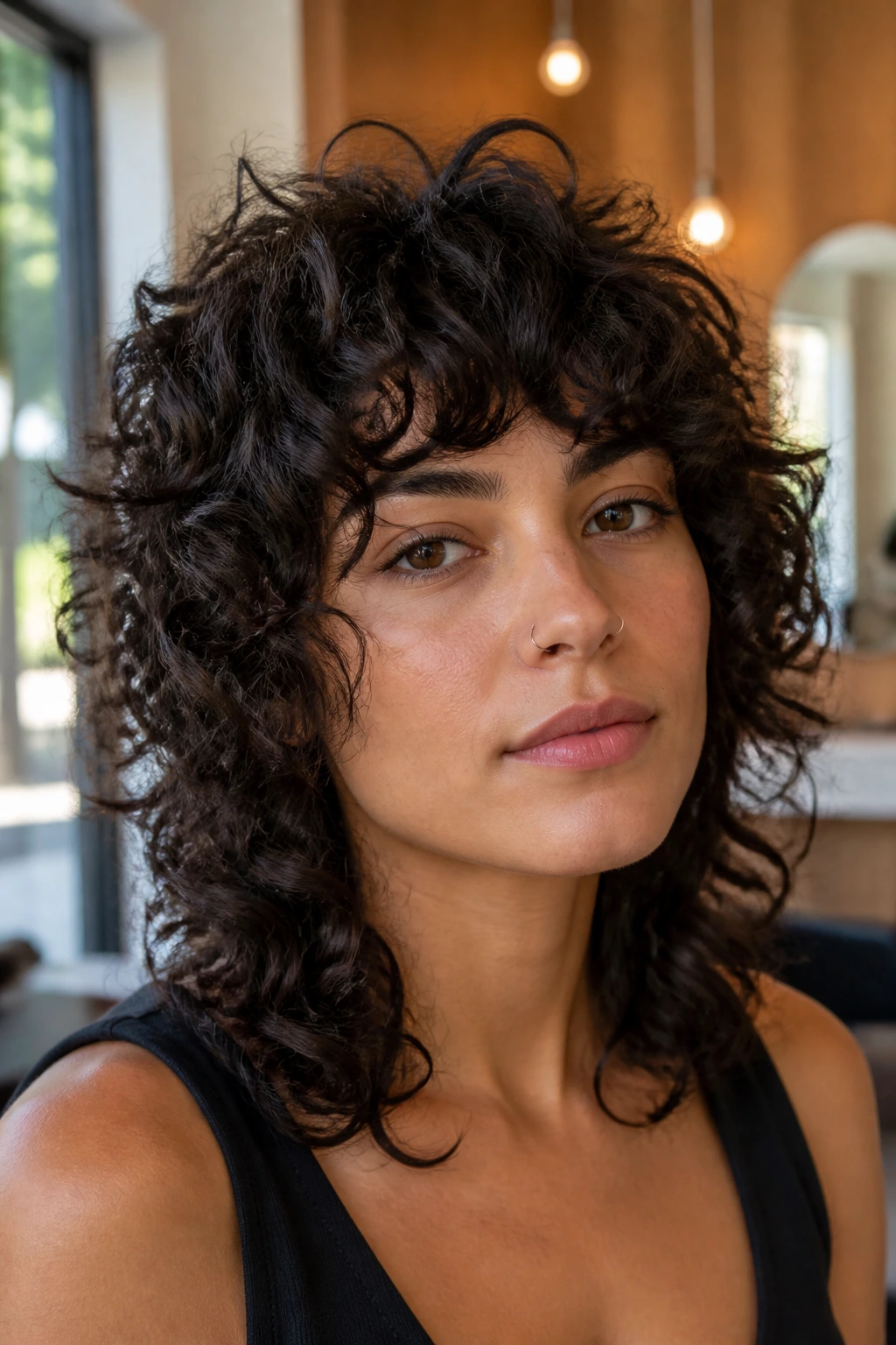 Close-up portrait of a real person with a wolf cut on thick curls, crown layering visible near the face