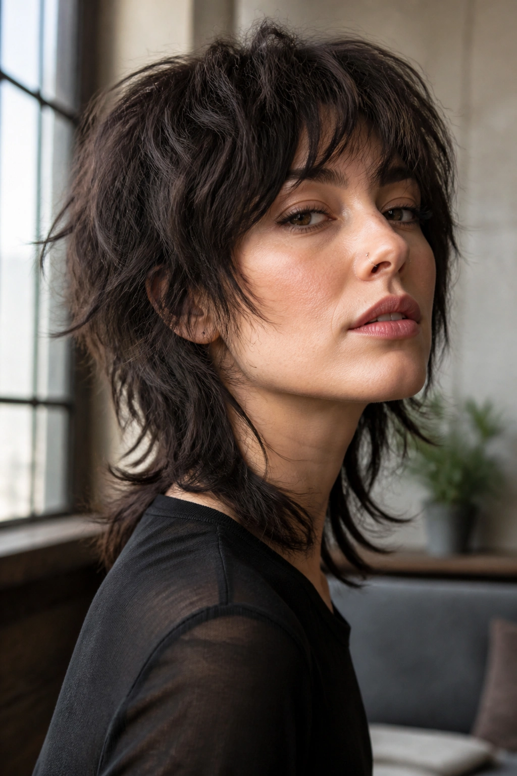 Portrait of a woman with a bold wolf cut showing crown layers