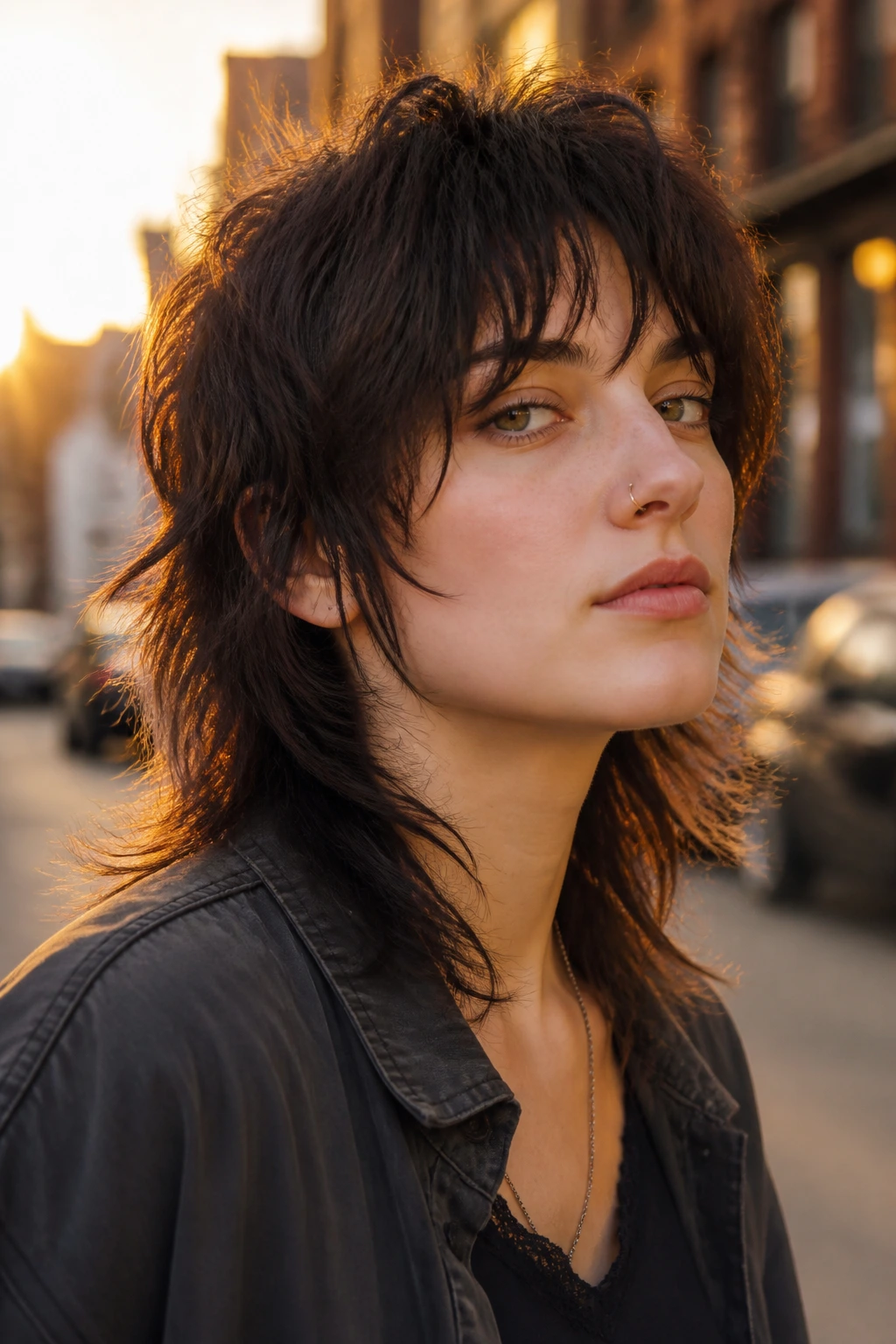 Portrait of a woman with a wolf cut, thick hair, edgy silhouette.
