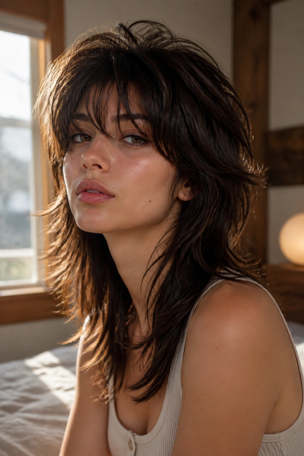 Close-up portrait of a real woman with a Wolf Cut featuring textured crown and longer back