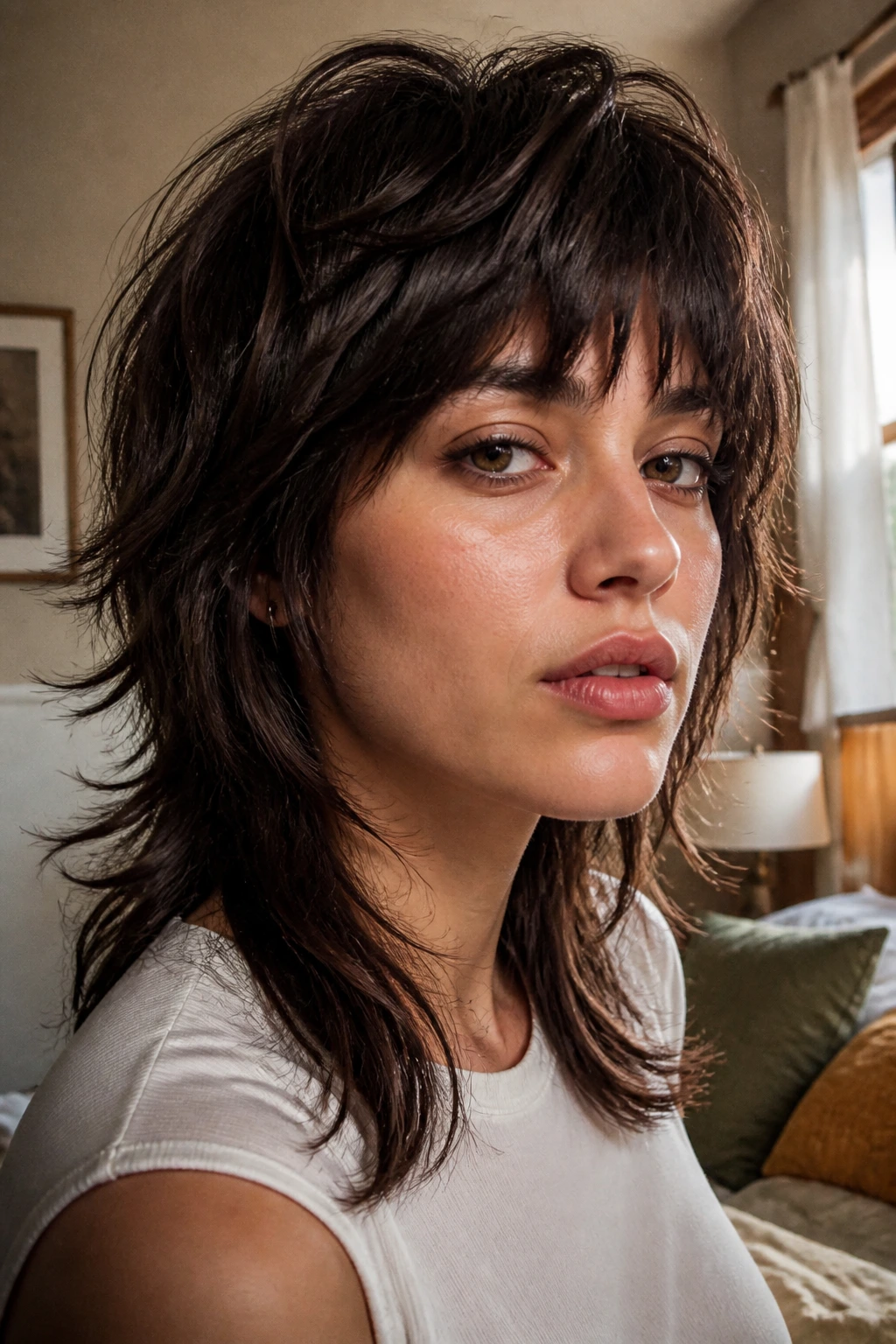 Close-up of a real person with a mid-length wolf cut, short crown layers and longer bottom in natural window light