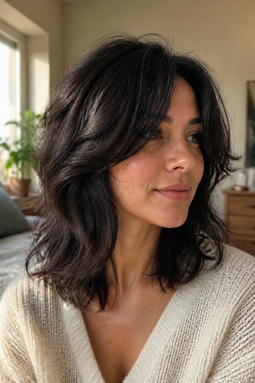 Close-up of a woman with a soft wolf cut at shoulder length in natural light.
