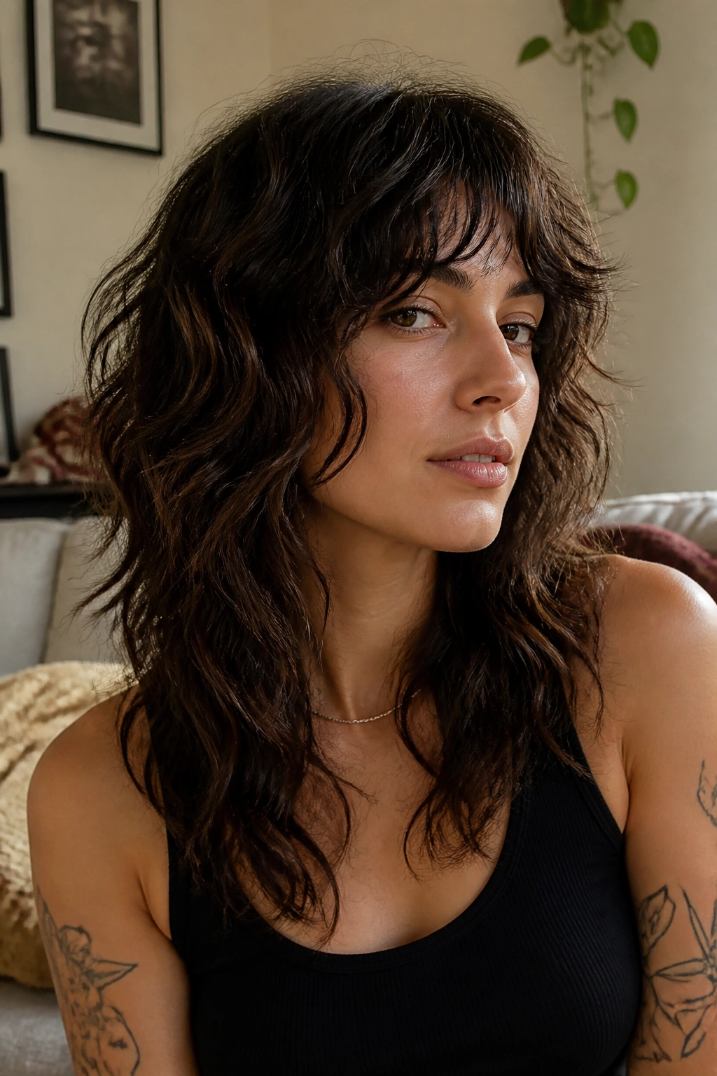 Close-up of real person with a low-maintenance air-dry wolf cut in thick waves, natural window light