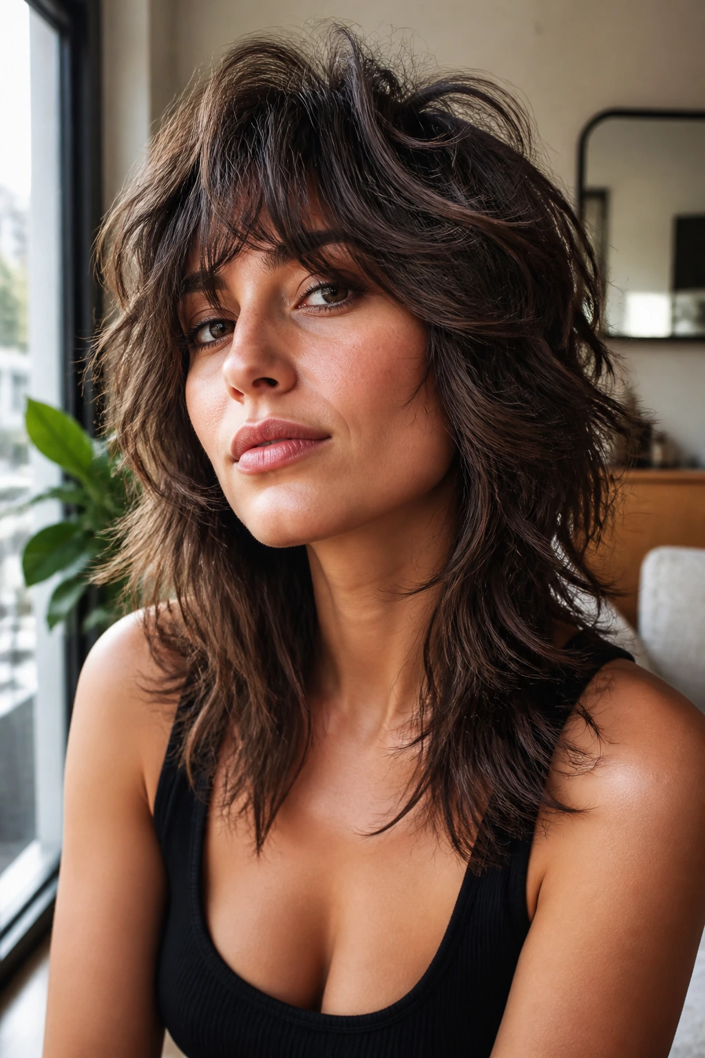 Close-up portrait of a real woman with a soft wolf cut on thick or wavy hair