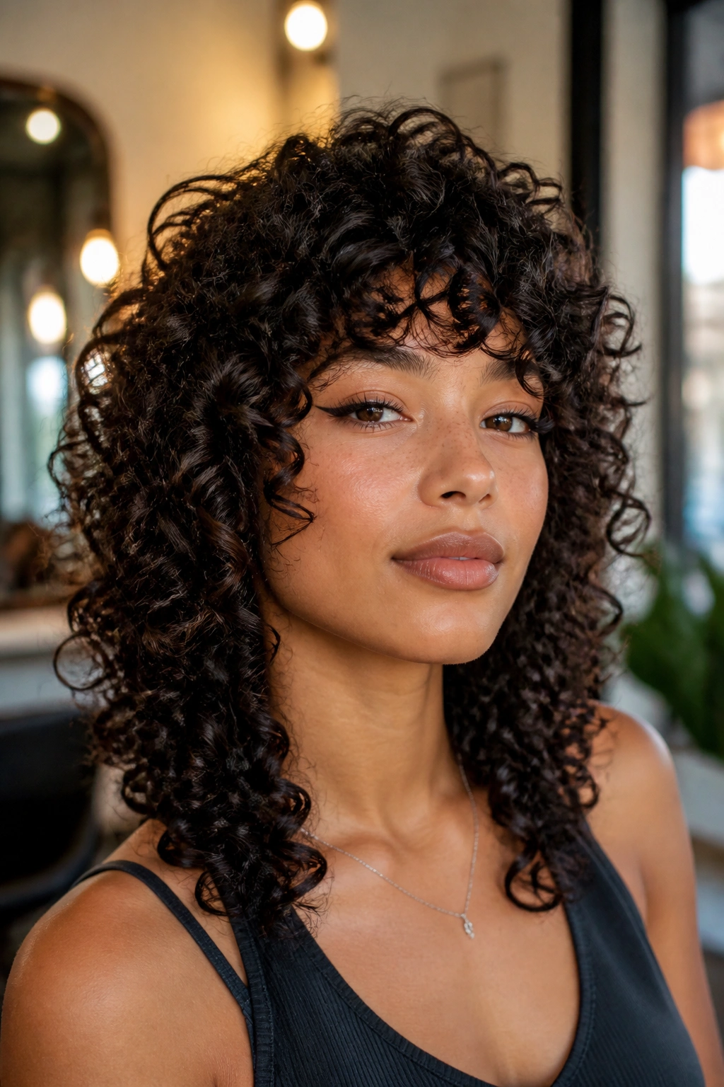Close-up of a real person with a wolf cut adapted for tight spiral curls, crown weight and defined spirals