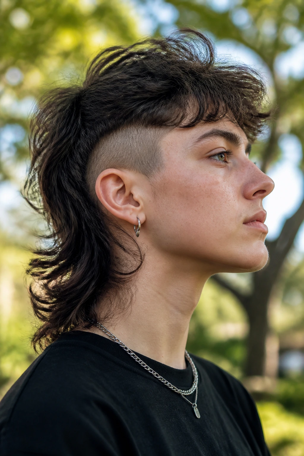 Portrait of a person with wolf cut and undercut, tousled top layers.