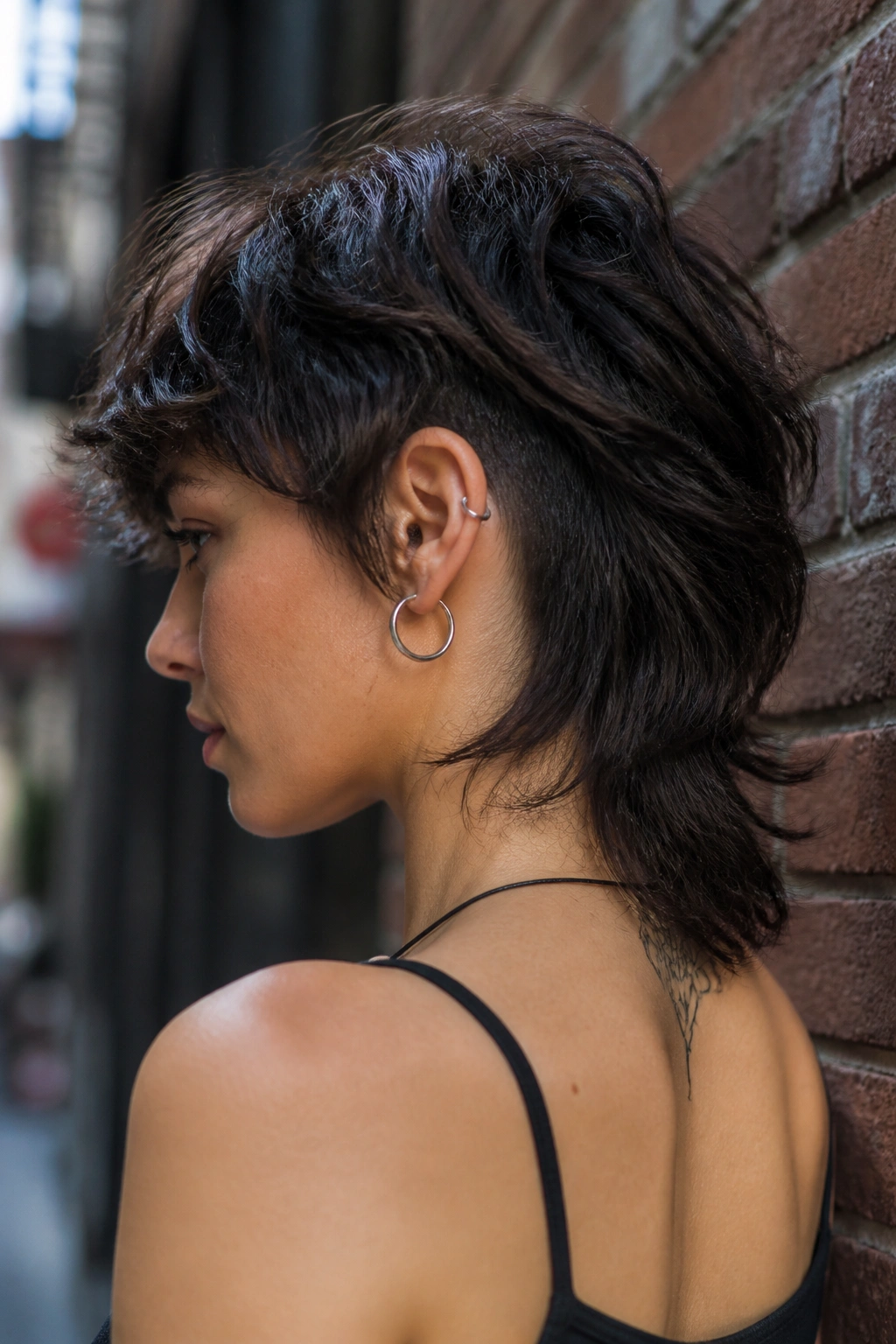 Close-up of real person with undercut relief wolf cut against brick wall backdrop