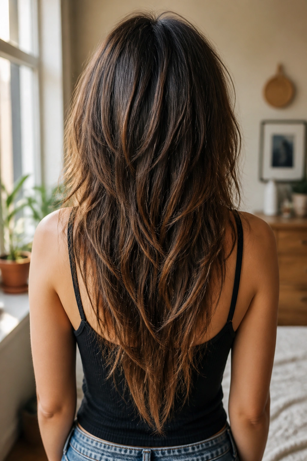 Back view of a real woman's head showing a long wolf cut with a V-shaped back at the nape.