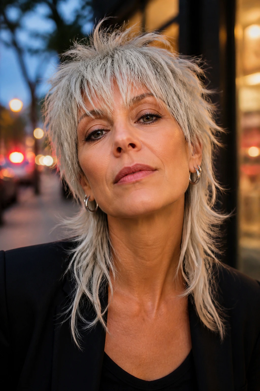 Close-up portrait of an older woman with a modern wolf cut