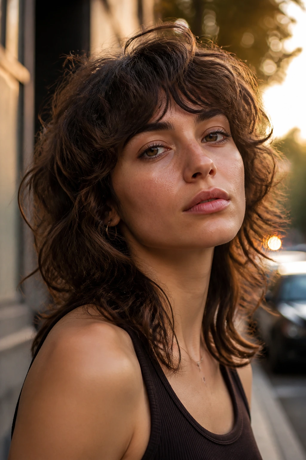 Close-up of a real person with a wolf cut on naturally wavy hair