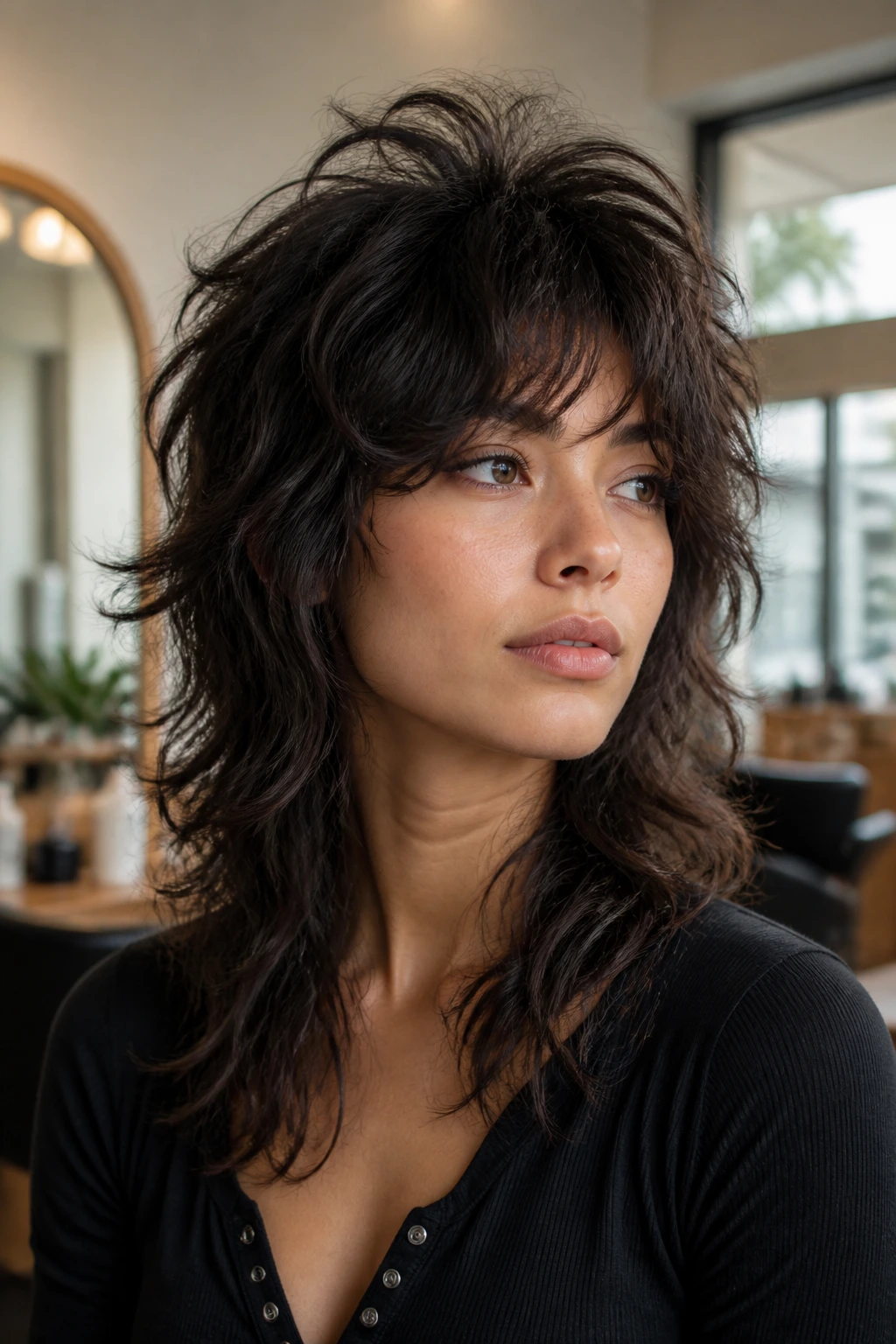 Close-up of a real person with a Big-Volume Wolf Cut featuring lifted crown and voluminous waves.