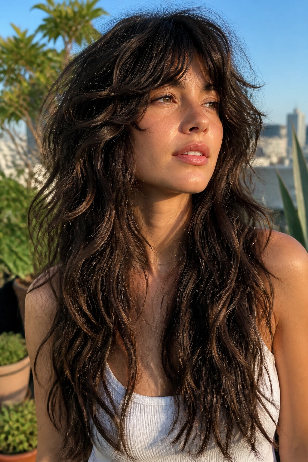 Close-up of a real woman with a wolf cut on wavy length
