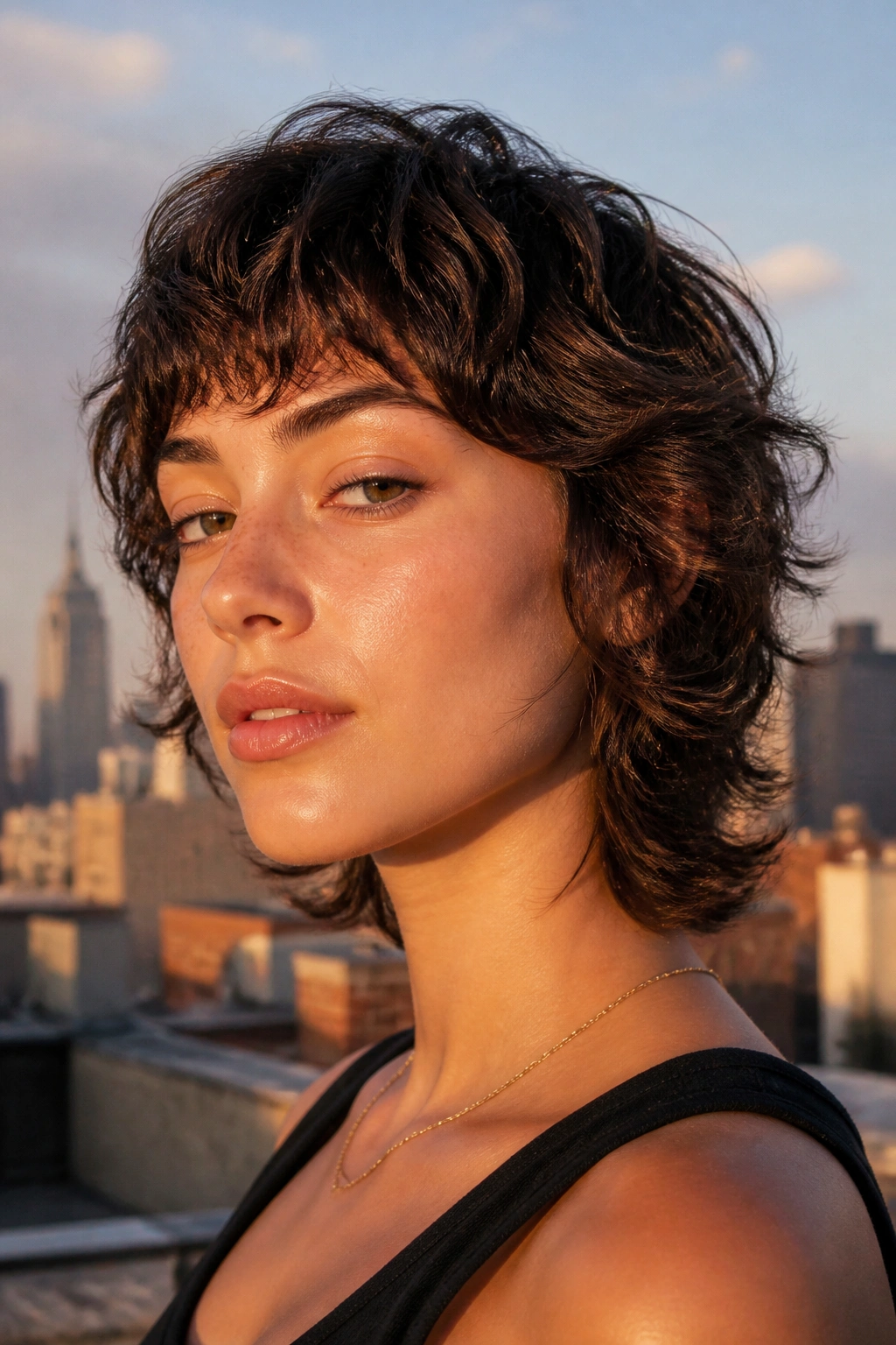 Real person with cropped wolf cut for short waves on rooftop at golden hour