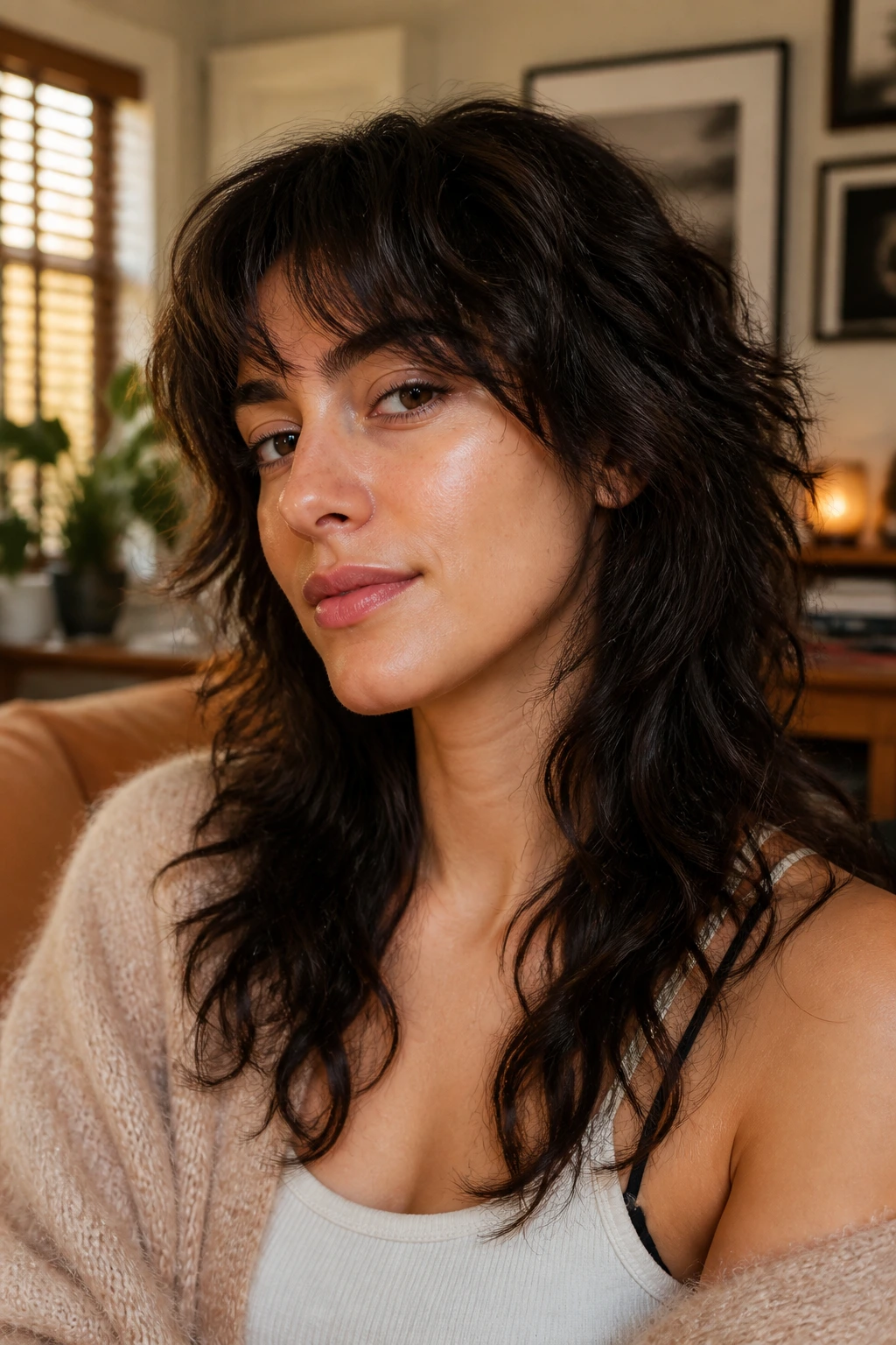 Portrait of a person with wolf cut waves and built-in texture