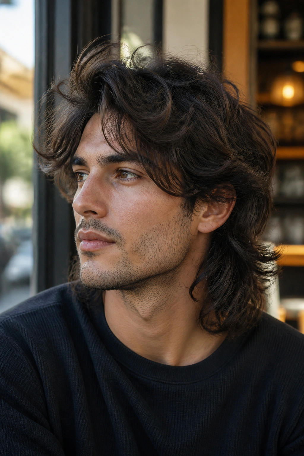 Close-up portrait of a real man with a wolf cut for wavy hair in cafe window light