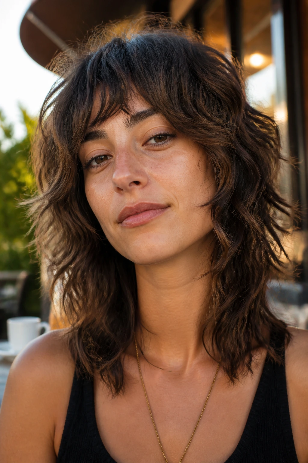 Portrait of a real woman with a wavy wolf cut and piecey ends at golden hour