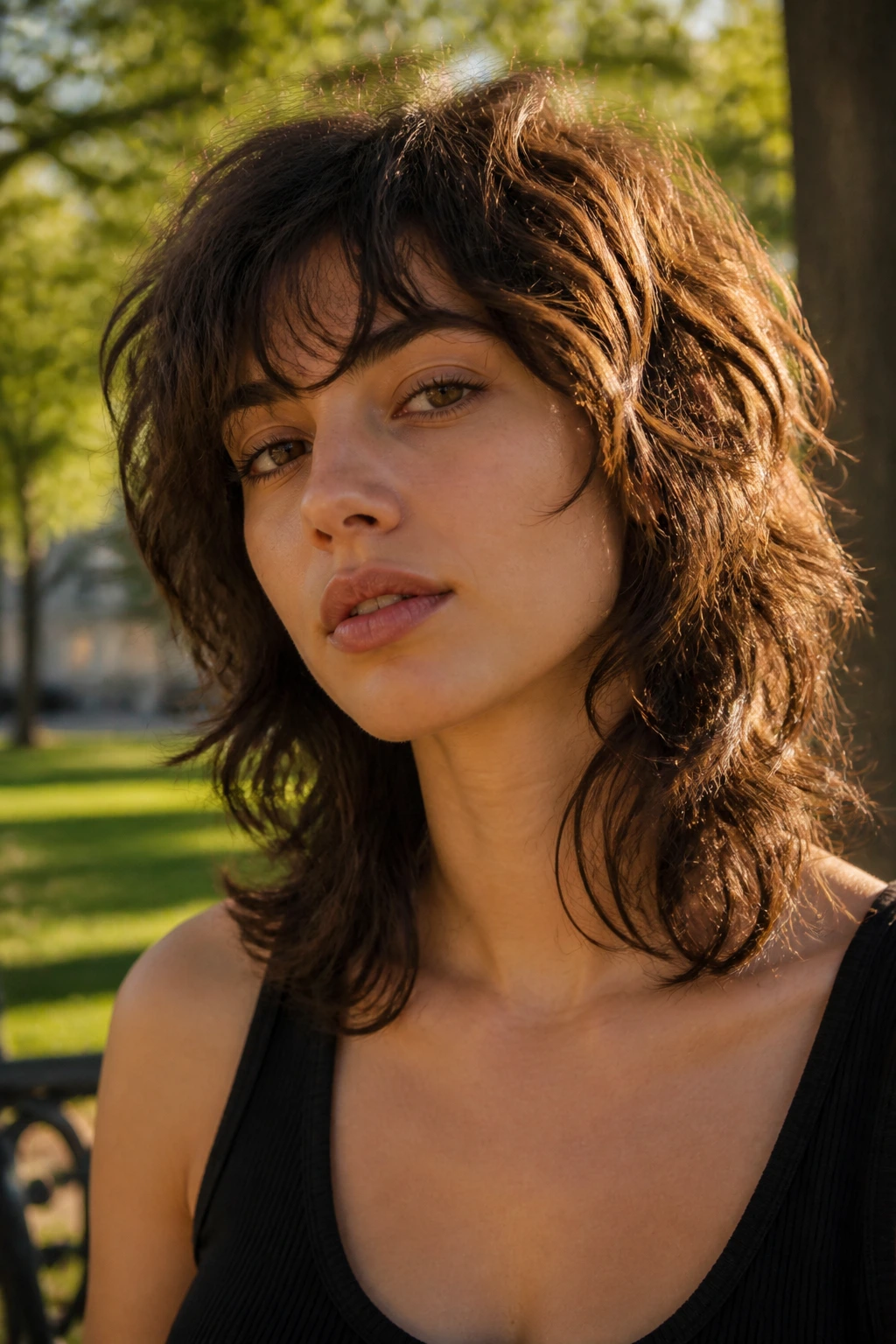 Portrait of a real person with a bold wavy wolf cut and textured layers.
