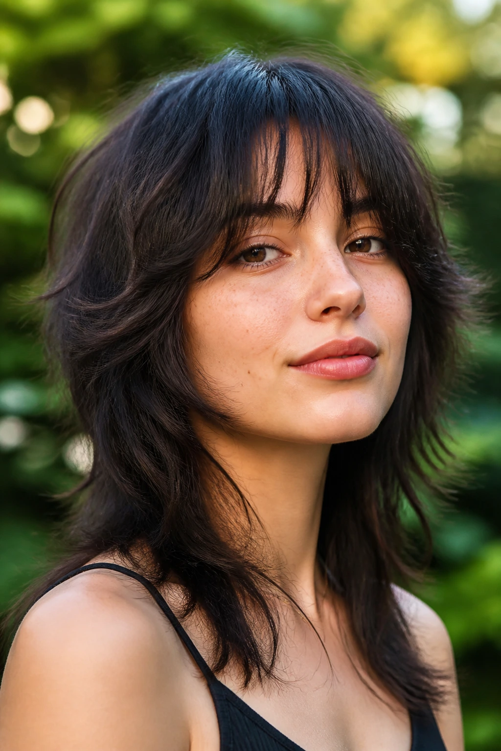 Close-up portrait of a real woman showing a modern wolf cut with wispy long bangs in natural light outdoors