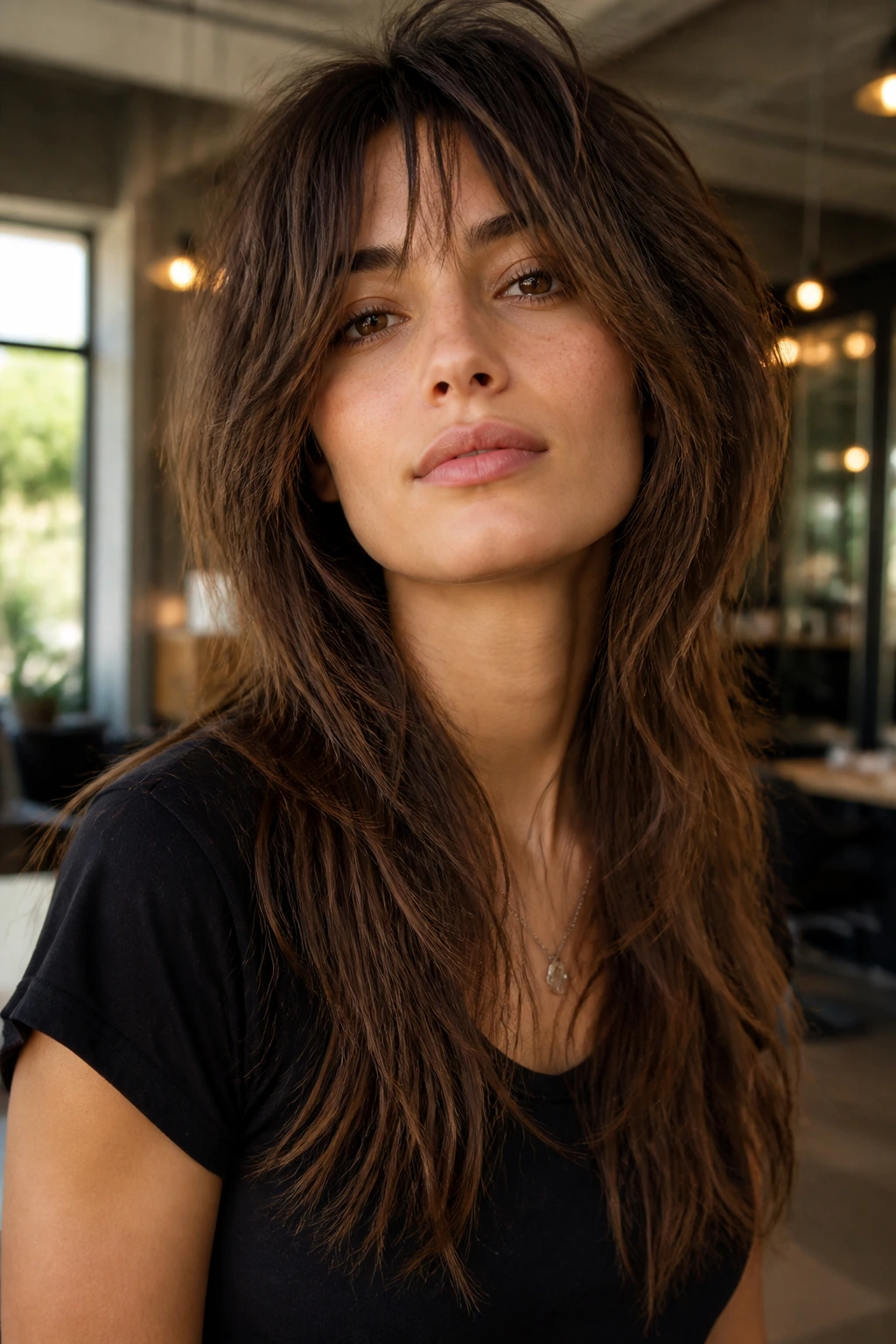 Close-up portrait of a real woman with a long wolf cut and wispy ends, soft window light.