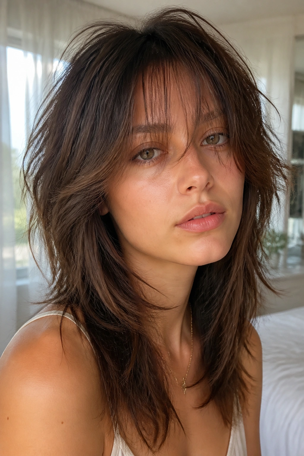 Close-up portrait of a real person with long wispy fringe wolf cut in bright window light