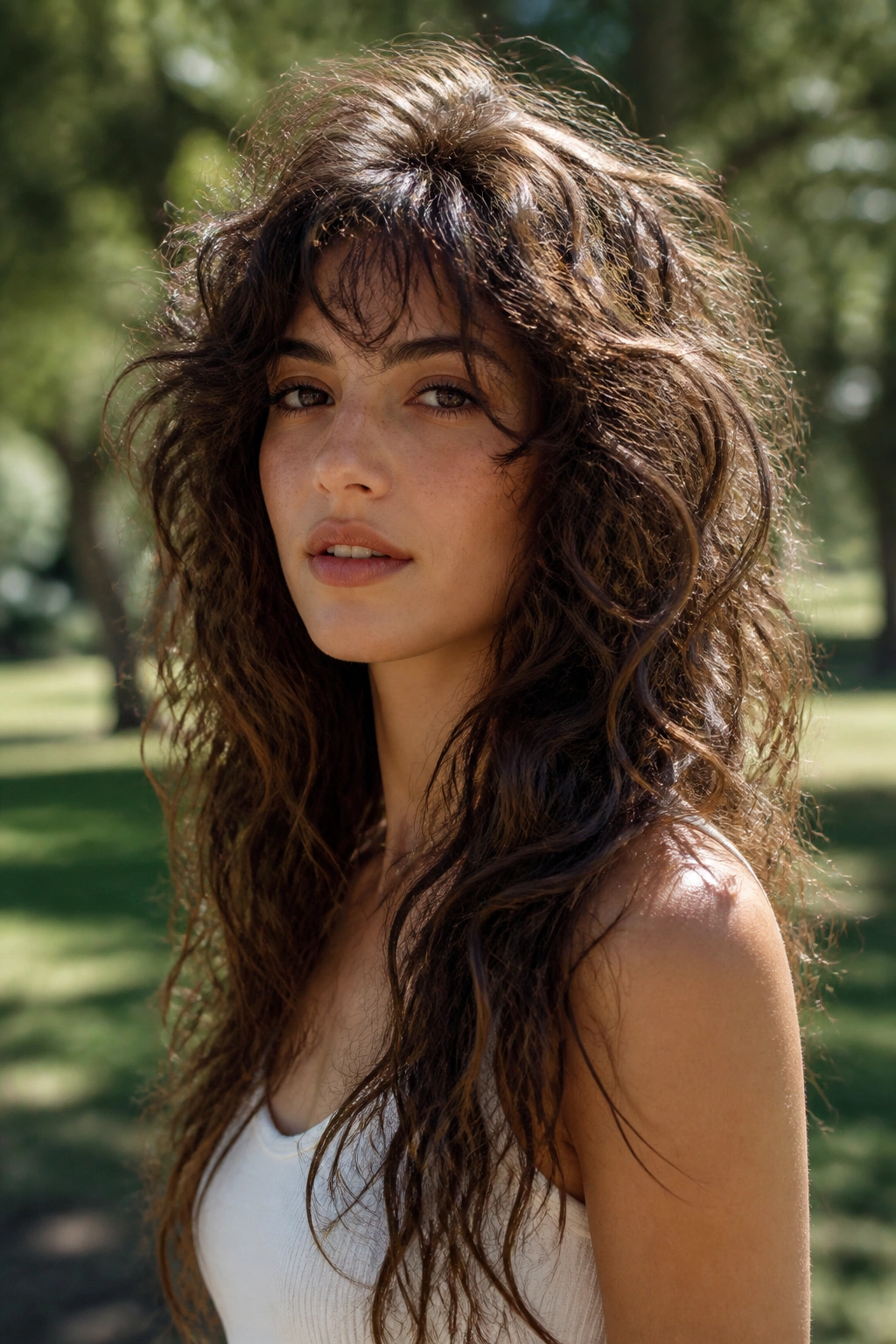 Portrait of woman with wolf-inspired haircut keeping length in an outdoor setting