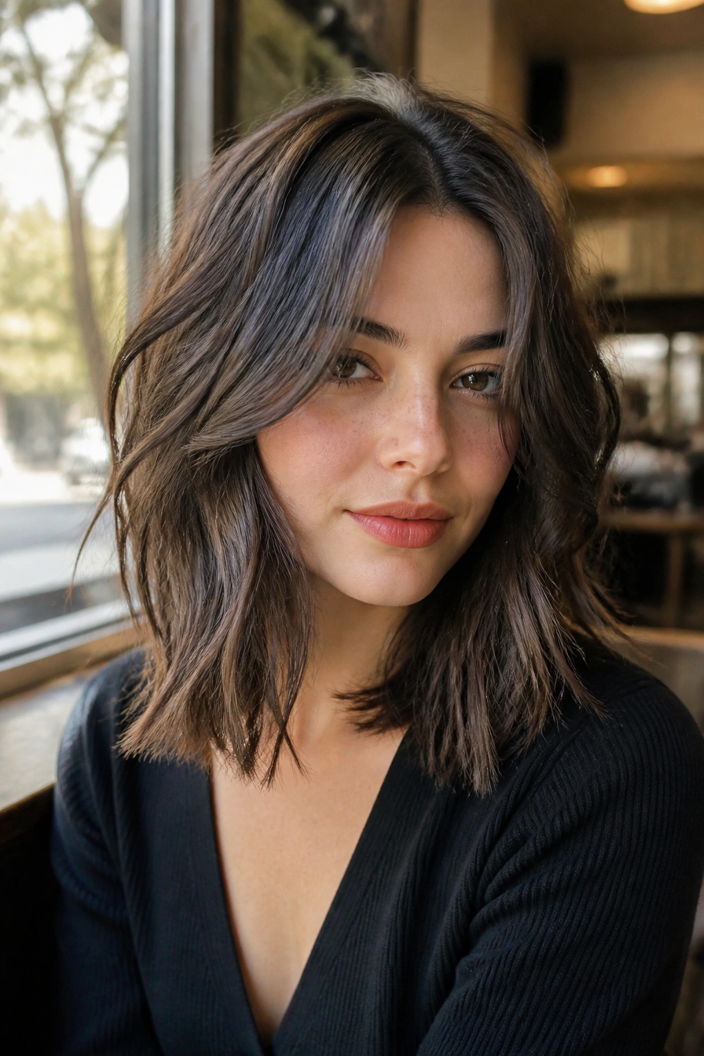 Close-up portrait of a real woman with a wolf-inspired lob and center part.
