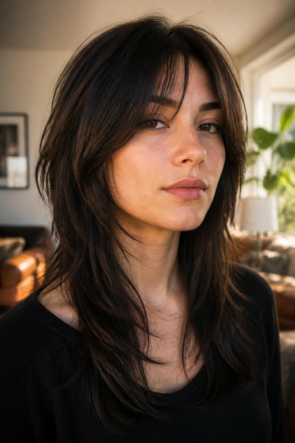 Close-up portrait of a real woman with a soft wolf-inspired shag hairstyle in warm window light