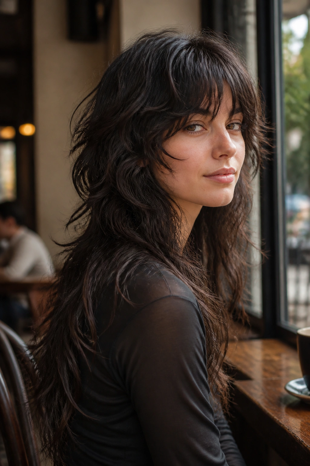 Close-up of a real person wearing Wolf-Leaning Long Shag for Extra Edge with back-length layers in warm cafe light