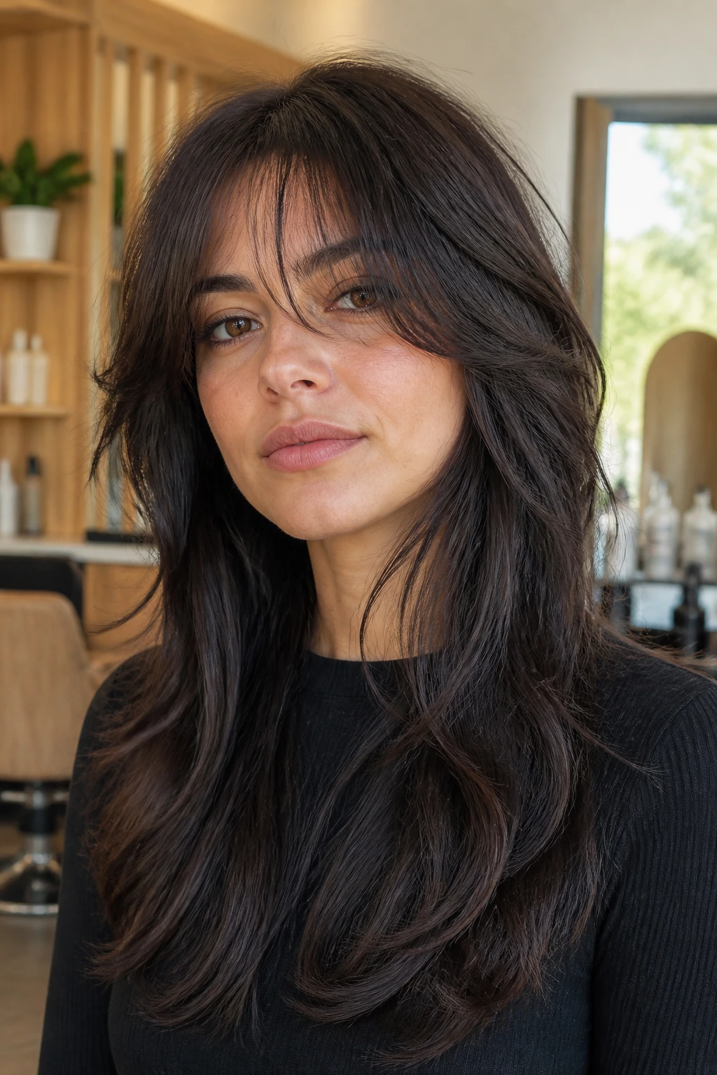 Close-up portrait of a real woman with Wolf-Lite Cut With Soft Edge hairstyle in a warm salon light