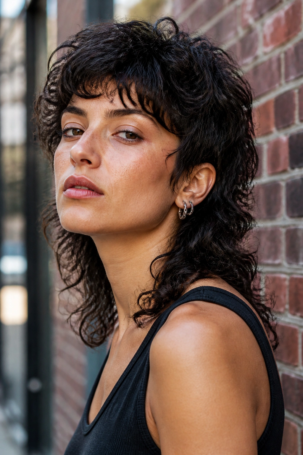 Real woman with wolf mullet showing long back and edgy crown in three-quarter portrait.