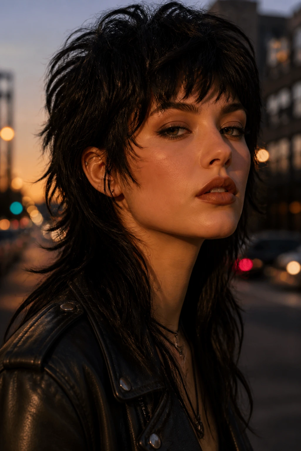 Close-up of real woman with layered wolf mullet and stronger edge