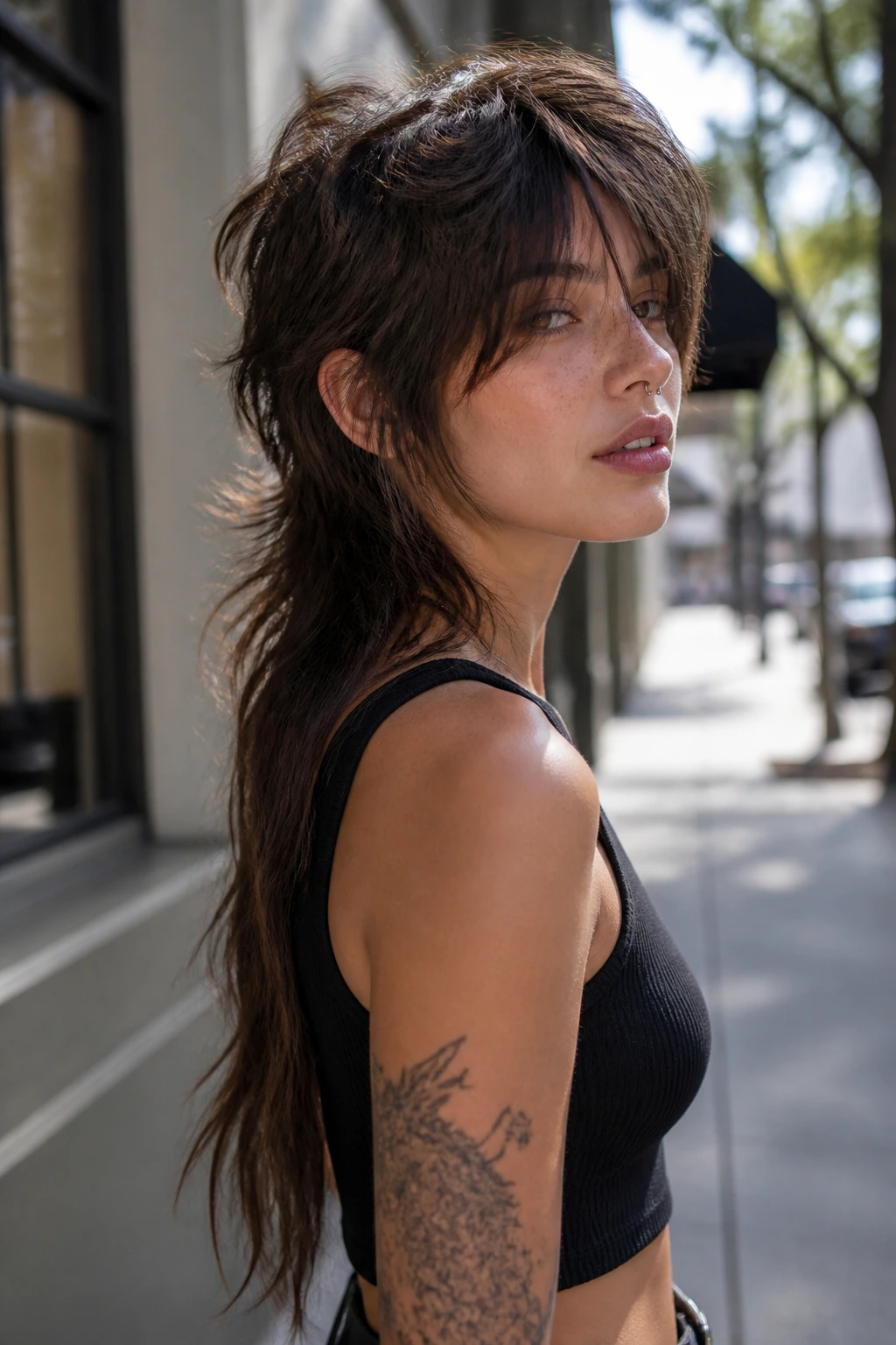 Close-up of real woman with wolf mullet and long back length on a sunlit city sidewalk