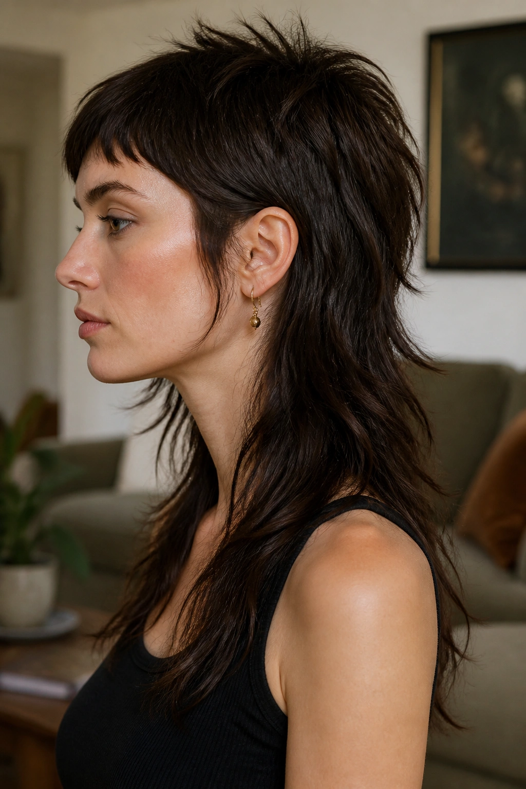 Side profile of a real woman with long wolf mullet and short crown.