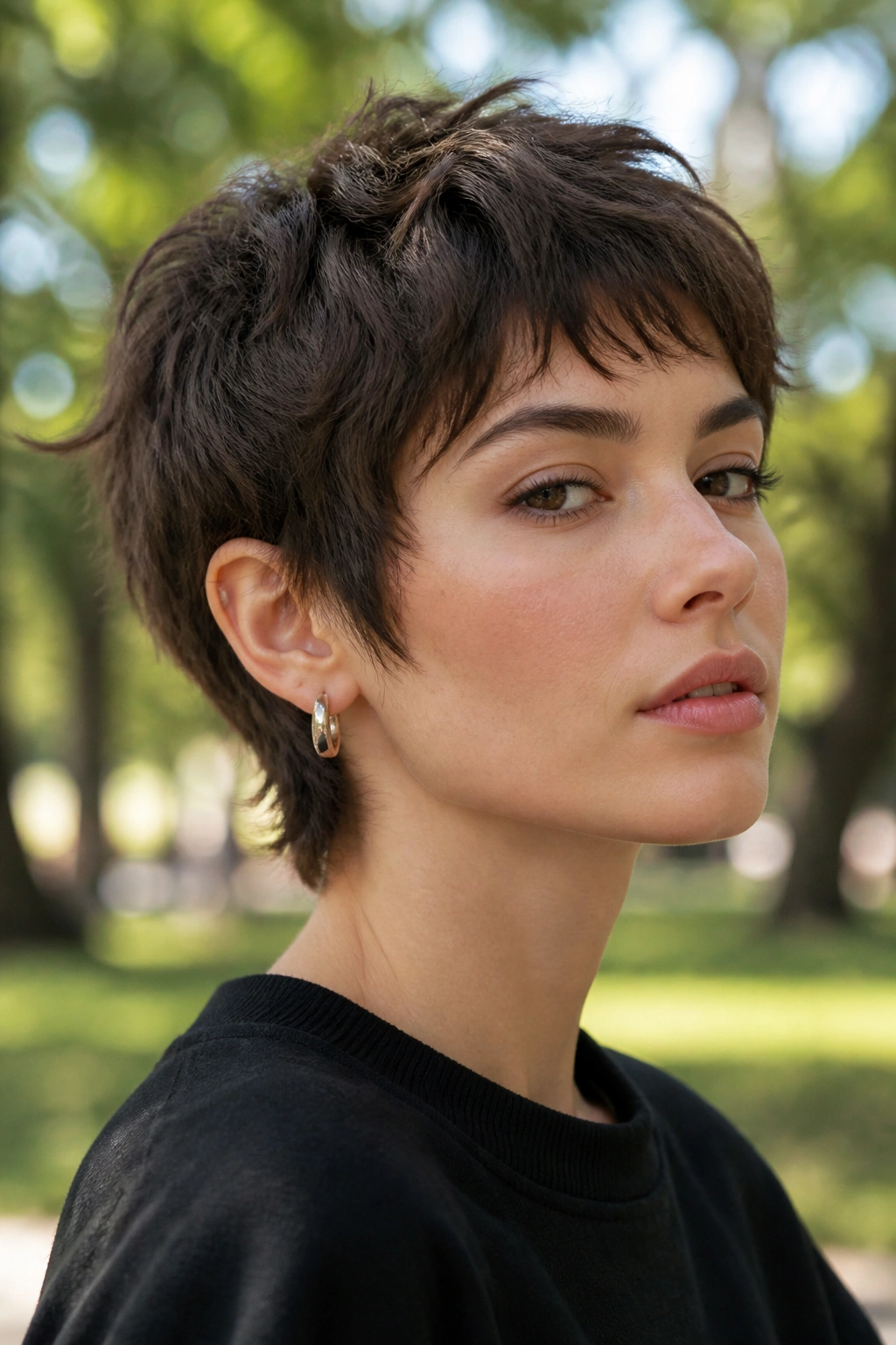 Portrait of a real person with a short wolf pixie hairstyle outdoors