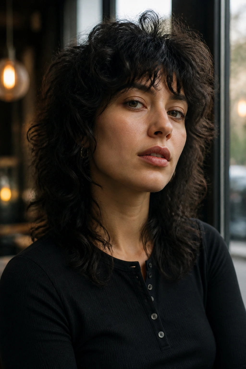 Portrait of a real person with a wolf-shag hairstyle featuring a choppier crown and defined curls