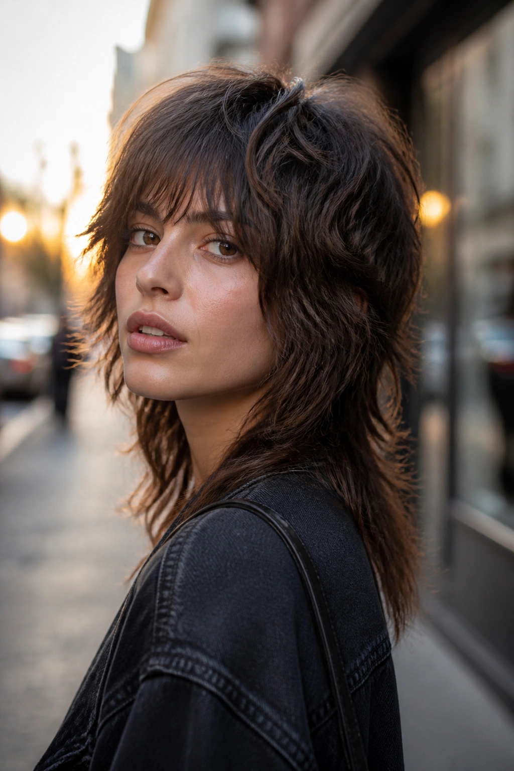 Medium close-up of a real woman with wolf-Shag hybrid hairstyle with a heavier crown and longer back.