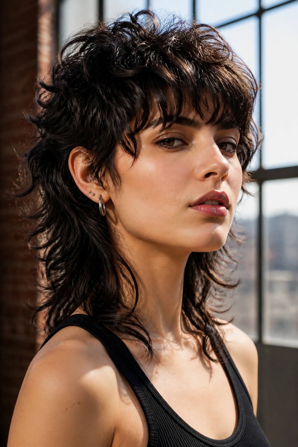 Close-up of real person with high-contrast wolf-shag hairstyle