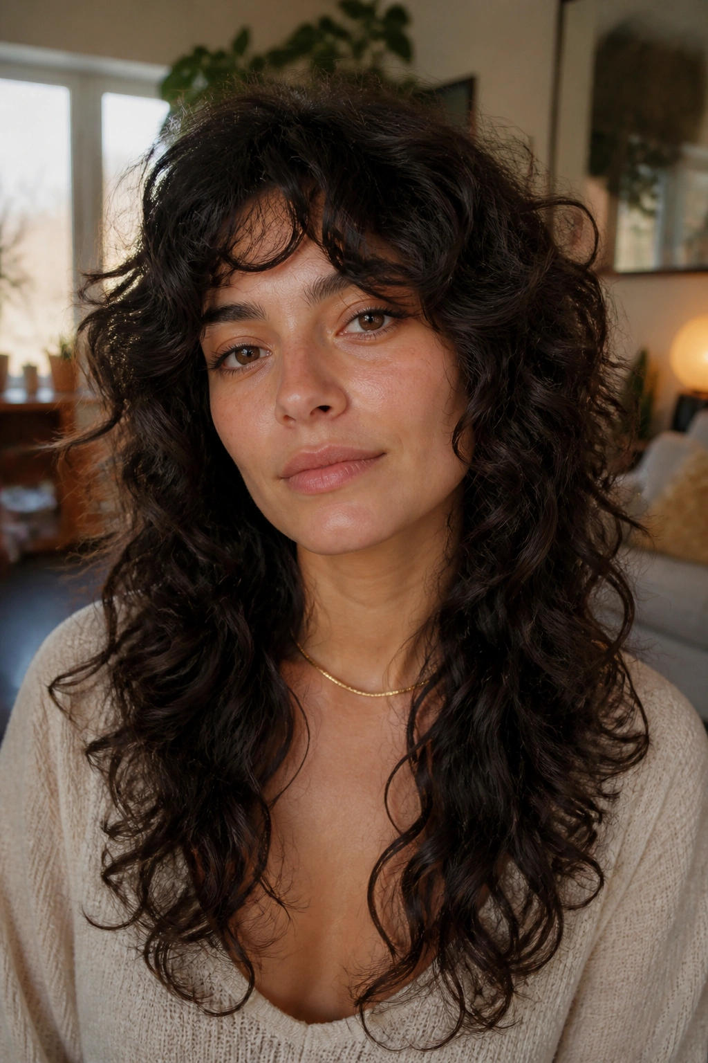 Close-up of a real woman with long wolf shag showing subtle interior layers and chest-length hair.