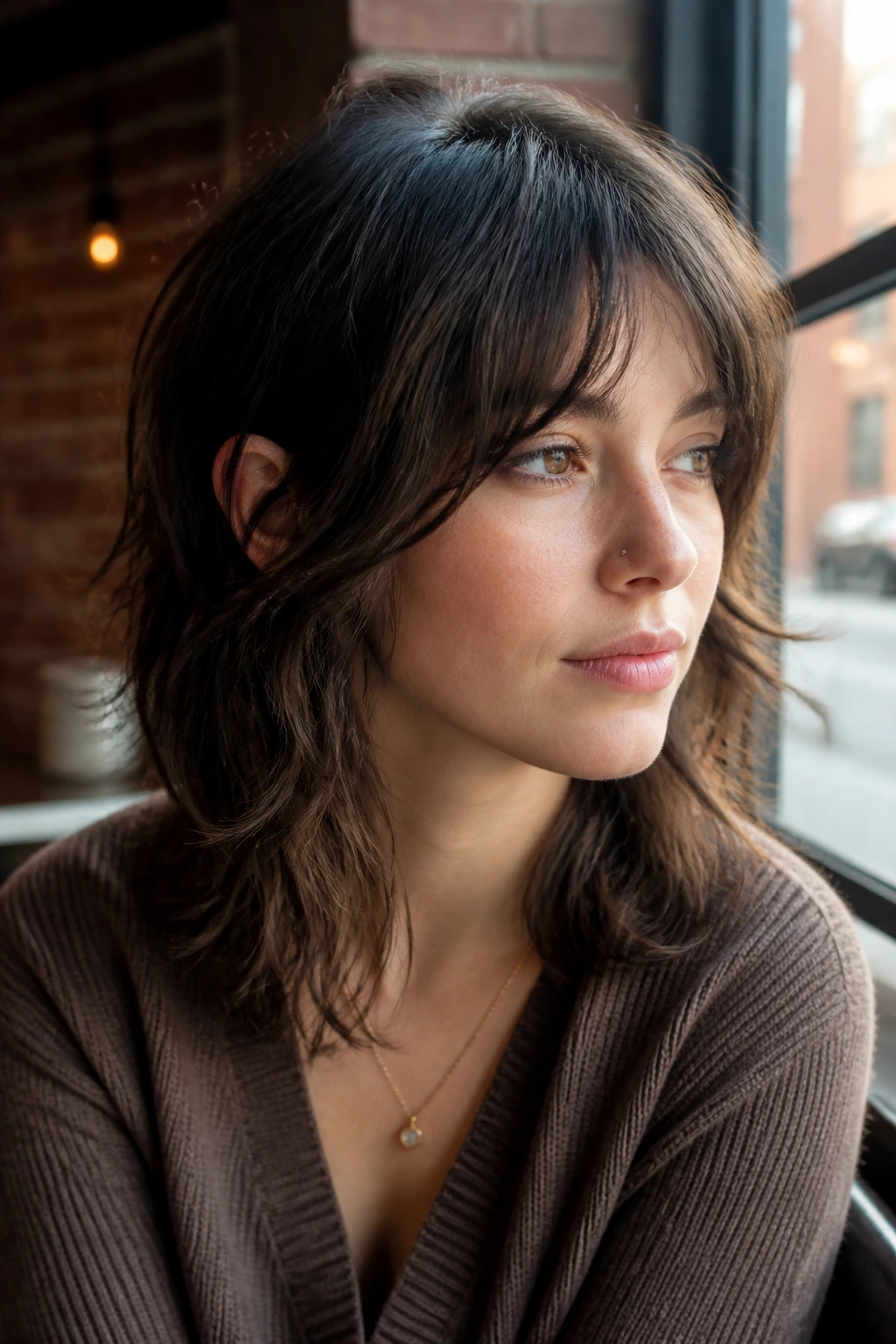Close-up of a real woman with shoulder-grazing wolf-shag hairstyle in a cafe setting