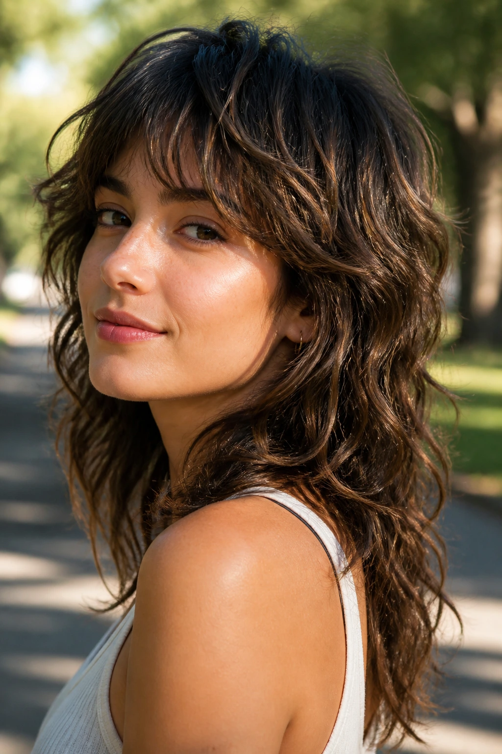 Close-up portrait of a woman with a soft wolf shag for wavy hair