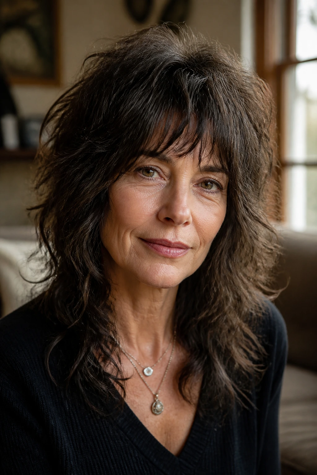 Close-up portrait of a real woman with a high-volume wolf variation hairstyle in natural window light